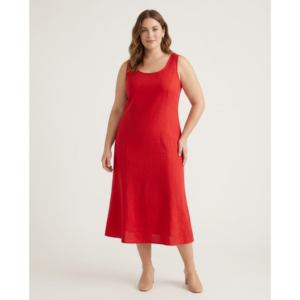 Jillian Jones Red Linen Blend Sleeveless Maxi‎ Dress Scoop Neck Side Zip, 14